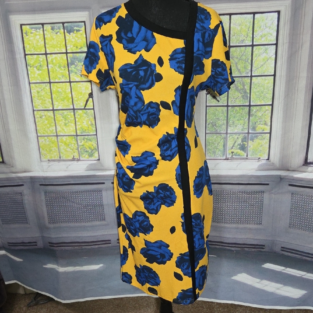 Elegant Yellow and Blue Floral Midi Dress